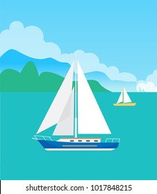 Two pretty sailboats, color vector illustration with pair of blue and yellow vessels, round clouds, shiny day, calm sea, green mountains silhouette