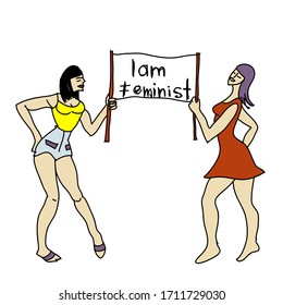 Two pretty in summer clothes girls holding nameplate with quote: I am feminist. Vector stock illustration in cartoon style, girl power design.