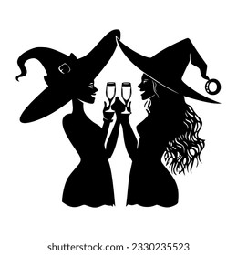 Two Pretty Witch at a Halloween party. Women in witch costume drink wine. Black silhouette. Hand drawn cartoon style. Vector flat illustration isolated on white background.