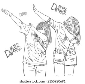 Two pretty woman standing and doing dab, wearing fashionable cloths and lady purse, hand drawing line art vector