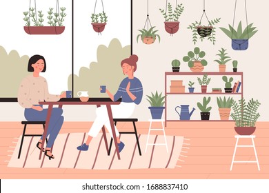 Two pretty women drink tea sitting in eco cafe orangery flat vector illustration concept. Friendly home atmosphere, big window, many plants in spot, cottonwool surroundings, healthy food and beverage