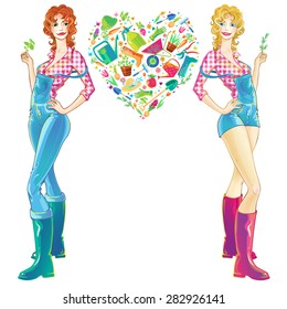 Two pretty young girls in boots and working clothes with colorful vector heart made of  cute funny  garden tools and vegetables.  Can be used for wallpapers, patterns, cards, design and decoration.