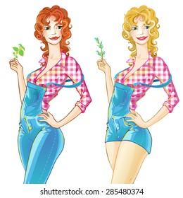 Two pretty young girls in  working clothes. Can be used for wallpapers, patterns, cards, design and decoration.