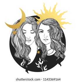 Two pretty young women. Allegory of day and night. Vector hand drawn illustration