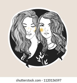 Two pretty young women. Vector hand drawn illustration