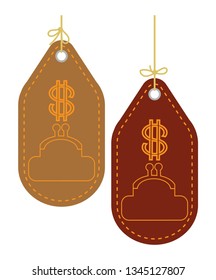 Two price tags, labels, pendant with the image of the dollar and a vintage wallet. Vector illustration