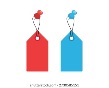 Dos etiquetas de Precio rojo y azul fijadas con alfileres de empuje, promoción, venta
