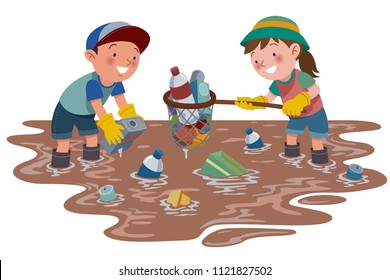 Two primary school children cleaned up the dirty river from the rubbish. Great for Children Illustration.