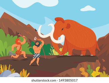Two primitive men hunting mammoth with stone weapons cartoon vector illustration