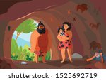 Two primitive people with child in cave cartoon vector illustration