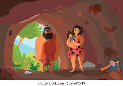 Two Primitive People With Child In Cave Cartoon Vector Illustration