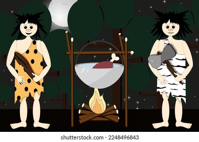Two primitive people dressed in leopard and zebra skins stand near a cauldron with a mammoth ham on a bonfire in a night forest against the background of African trees, the starry sky and the moon.