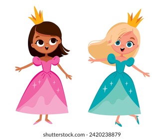 Two princess. Children's vector characters. Cute girls.