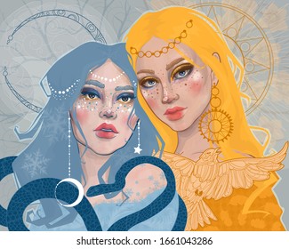 two princess girls: day and night, winter and spring, personifying the equinox 