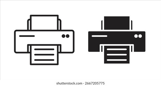 Two printer icons: one line art, one solid black. Both show a printer with paper output. Isolated on white.