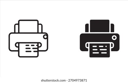 Two printer icons, one in outline style and one in solid black, representing printing, office equipment, and technology. Simple and clean design.