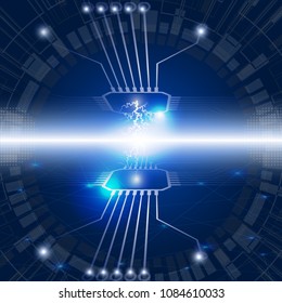 Two processors with lightning, surrounded by a circle of electric wires, in dark blue and white. 