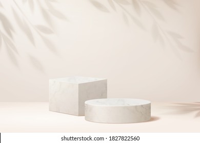 Two product display podiums with shadow of a plant in 3d illustration