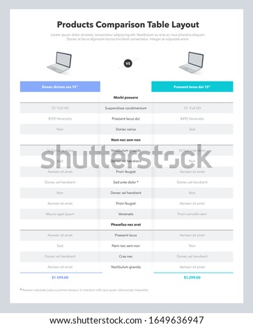 Two products comparison table layout with place for description. Modern flat infographic design template for website or presentation.