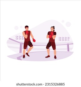 Two professional boxers, boxing duel in the ring, with power and attack. Trend modern vector flat illustration.