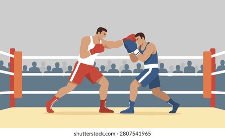 Two professional boxers fighting fiercely inside a classic boxing ring in front of a shaded spectator crowd.