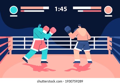 Two Professional Boxers Fighting On Arena Boxing Online Platform Video Game Level E-sport Concept Computer Screen Horizontal Full Length Vector Illustration