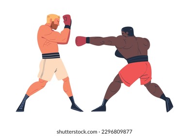 Zwei professionelle Boxer kämpfen auf Ring. Starke Kämpfer in kurzen Hosen und Handschuhen mit Sparring auf isoliertem weißem Hintergrund, Cartoon-Vektorgrafik