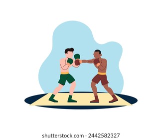 Two professional boxers fighting on ring. Strong fighters in shorts and gloves sparring on isolated white background cartoon vector illustration
