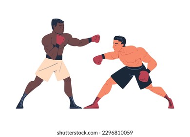 Two professional boxers in sports shorts and boxing gloves punching his opponent on ring cartoon vector illustration