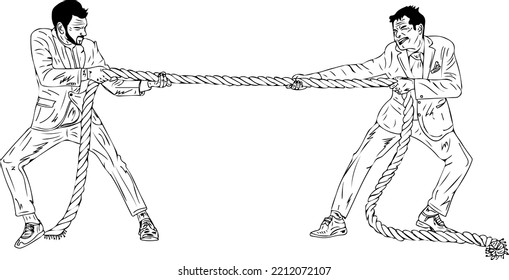 Two professional business man playing tug of war with rope outline sketch drawing, vector illustration of two aggressive man pulling rope tug war, cartoon doodle silhouettes of tug of war