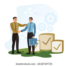 Two professional businessmen shaking hands. Symbolizing successful collaboration and teamwork. Flat vector illustration.
