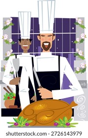 Dos chefs profesionales con uniformes blancos tradicionales presentan un pavo Grande y hermosamente cocinado, listo para tallar durante una celebración festiva como el Día de Acción de Gracias o las Navidades. Decorada con flores y adornos en un cálido entorno de restaurante, la escena destaca la gastronomía navideña, la tradición culinaria y la hospitalidad de celebración.
