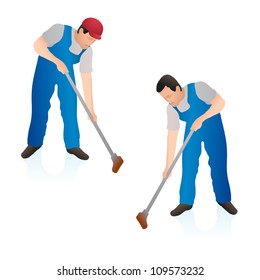 Two professional cleaners wiping the floor wall with a swab