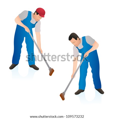 Two professional cleaners wiping the floor wall with a swab