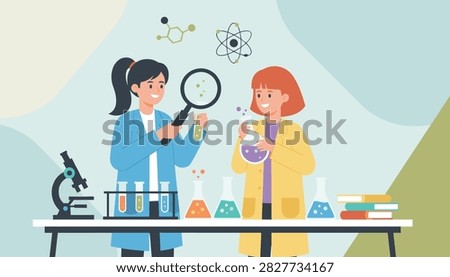 Two professional female scientists conducting chemical research with beakers and magnifying glass in a laboratory.