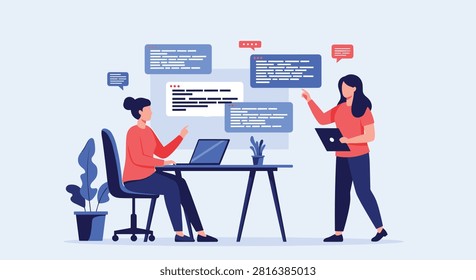 Two professional female web developers working together on laptops to write code and analyze floating data panels.
