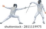 Two Professional Fencing Athletes in Dynamic Combat Match Crossing Swords Wearing Protective Helmets Masks Jackets and Uniforms Vector Illustration Clipart.eps