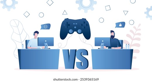 Dois jogadores profissionais e um grande controlador de jogo. Caras com fones de ouvido na mesa jogando videogames. Conceito de personagens masculinos de jogadores profissionais. Equipe de esportes eletrônicos, grupo de jogadores. Ilustração de vetor na moda