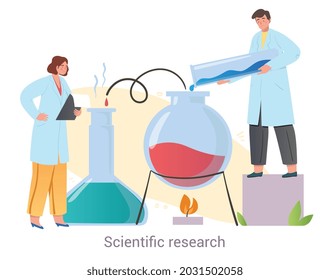 Two professional medical workers are conducting scientific research together on white background. Concept of scientists conducting professional research in laboratory. Flat cartoon vector illustration