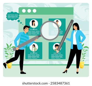 Two professional people selecting suitable candidates for a role, with pen and magnifying glass to demonstrate cooperation, analysis and decision making. Flat vector modern illustration
