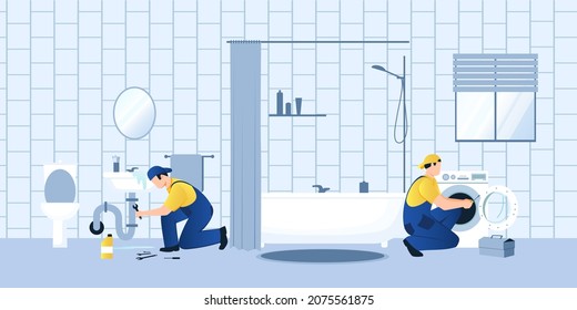 Two professional service workers in blue uniform fix clogged water pipe under sink, washing machine in bathroom. Tools, toolbox on floor. White toilet, bath in room. Vector illustration