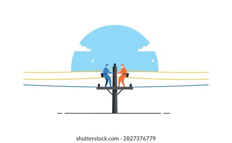 Two professional utility line workers repairing high voltage electrical wires on a pole against a blue sky sun.