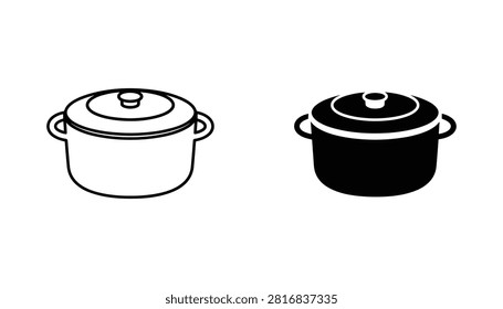 Two professional vector icons of a Dutch oven kitchen pot shown in both outline and solid silhouette styles, designed for culinary web interfaces and food apps.