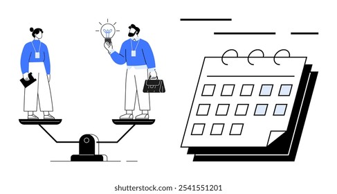 Dos profesionales equilibran en una balanza mientras sostienen elementos relacionados con el trabajo junto a un calendario. Ideal para la gestión del tiempo, el equilibrio entre el trabajo y la vida privada, la productividad, la planificación profesional y el pensamiento creativo. Moderno
