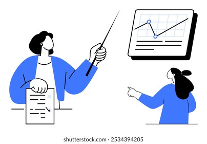 Dos profesionales en atuendo de negocios con una tabla. Uno sostiene un documento, el otro apunta a un gráfico en un tablero con una línea de datos. Ideal para formación empresarial, análisis de datos, trabajo en equipo, presentaciones