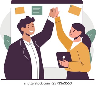 Two professionals celebrate teamwork with a high-five, emphasizing collaboration and positivity in a modern workspace.