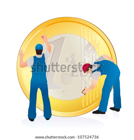Two professionals cleaning the big Euro coin