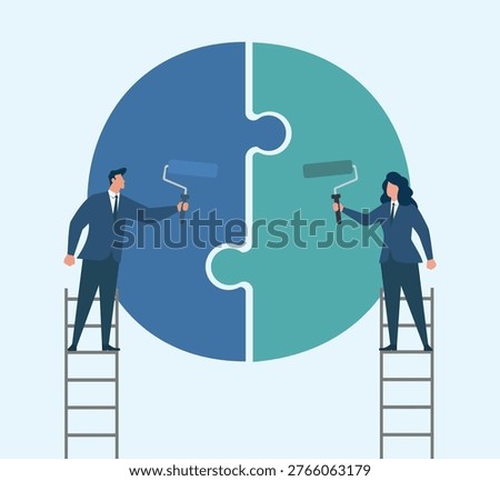 Two professionals collaborate to complete a giant puzzle circle using paint rollers. Represents joint ventures, mergers, and successful corporate strategy