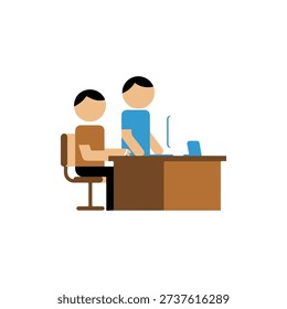 Two professionals collaborating at a shared desk in an office environment