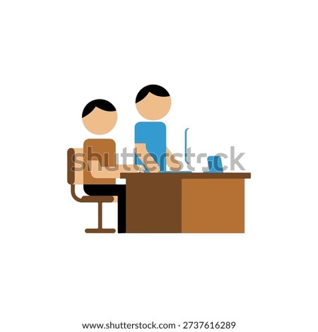 Two professionals collaborating at a shared desk in an office environment